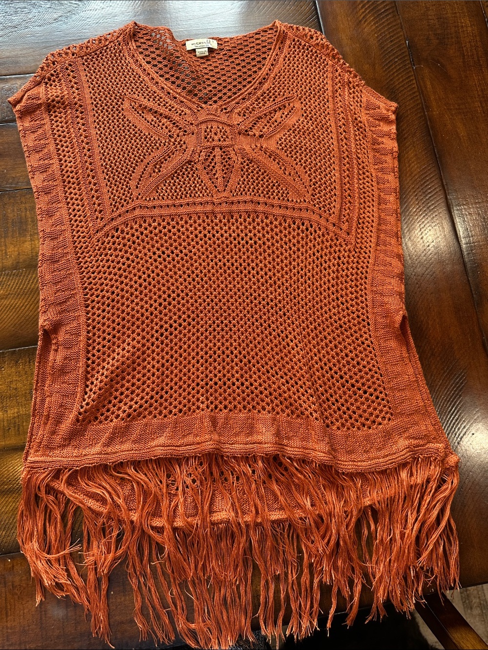 ONE WORLD Burnt Orange Crochet Fringe Poncho